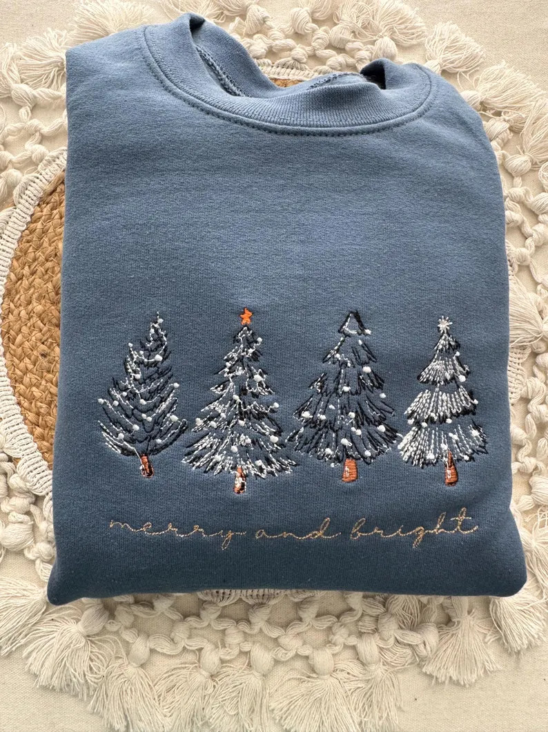 Merry & Bright Christmas Tree Embroidered Crewneck Sweatshirt - 4 Christmas Trees - Etsy | Etsy (US)