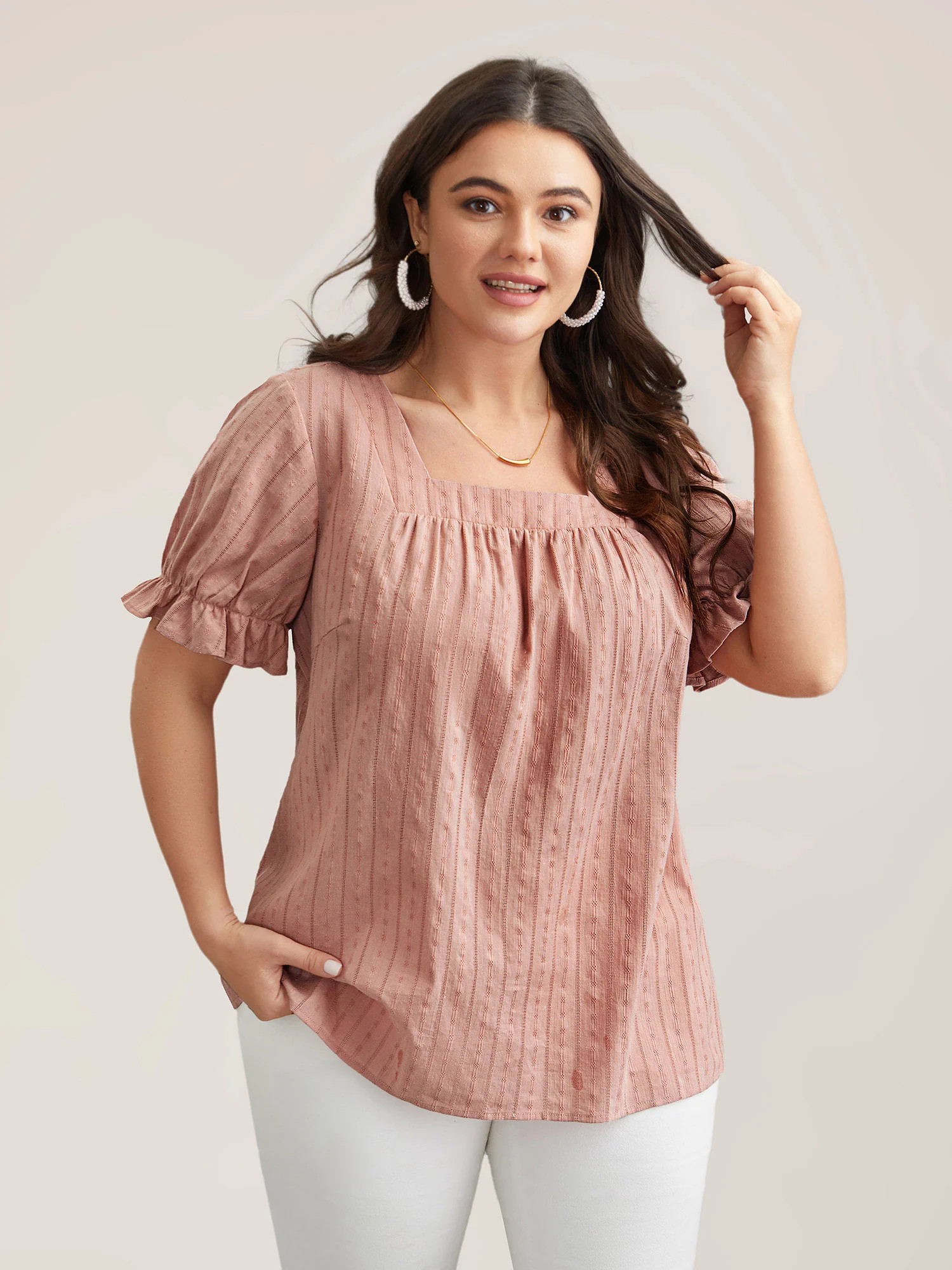 Cotton Square Neck Ruffled Sleeve Shirt | Bloomchic