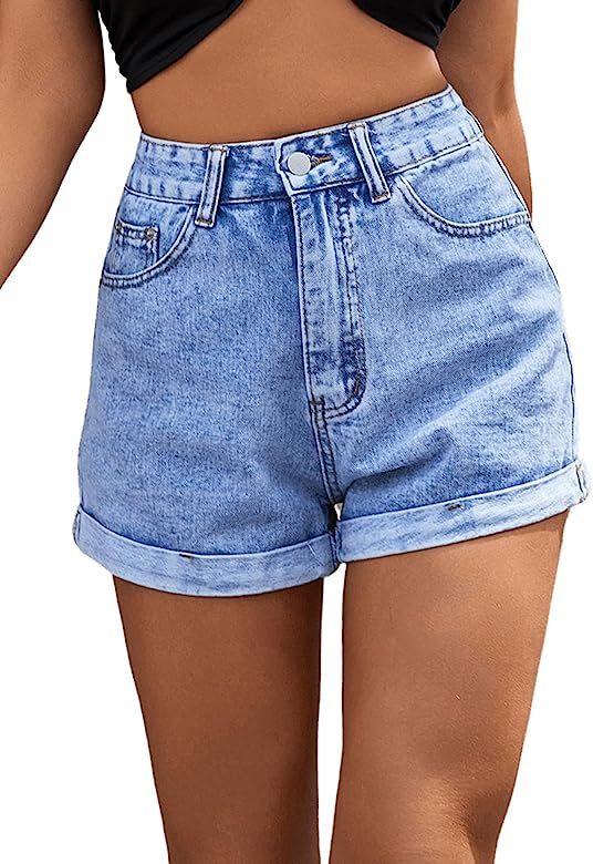 SweatyRocks Women's High Rise Roll Up Hem Straight Leg Denim Jean Shorts with Pocket | Amazon (US)