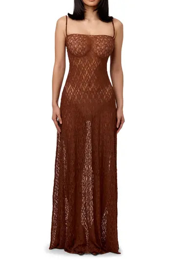 Naked Wardrobe Sheer Stretch Lace Maxi Dress in Brown Sugar at Nordstrom Rack, Size Medium | Nordstrom Rack