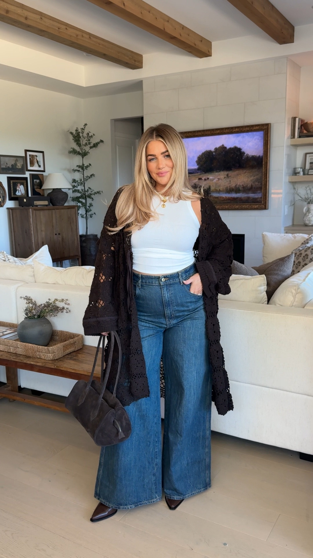 @freepeople just launched CRVY denim and I LOVE this for us!!! 

Dark wash blue jeans are a 32
Other styles are a 31
Tops are mediums
Brown knit cardigan is a large 