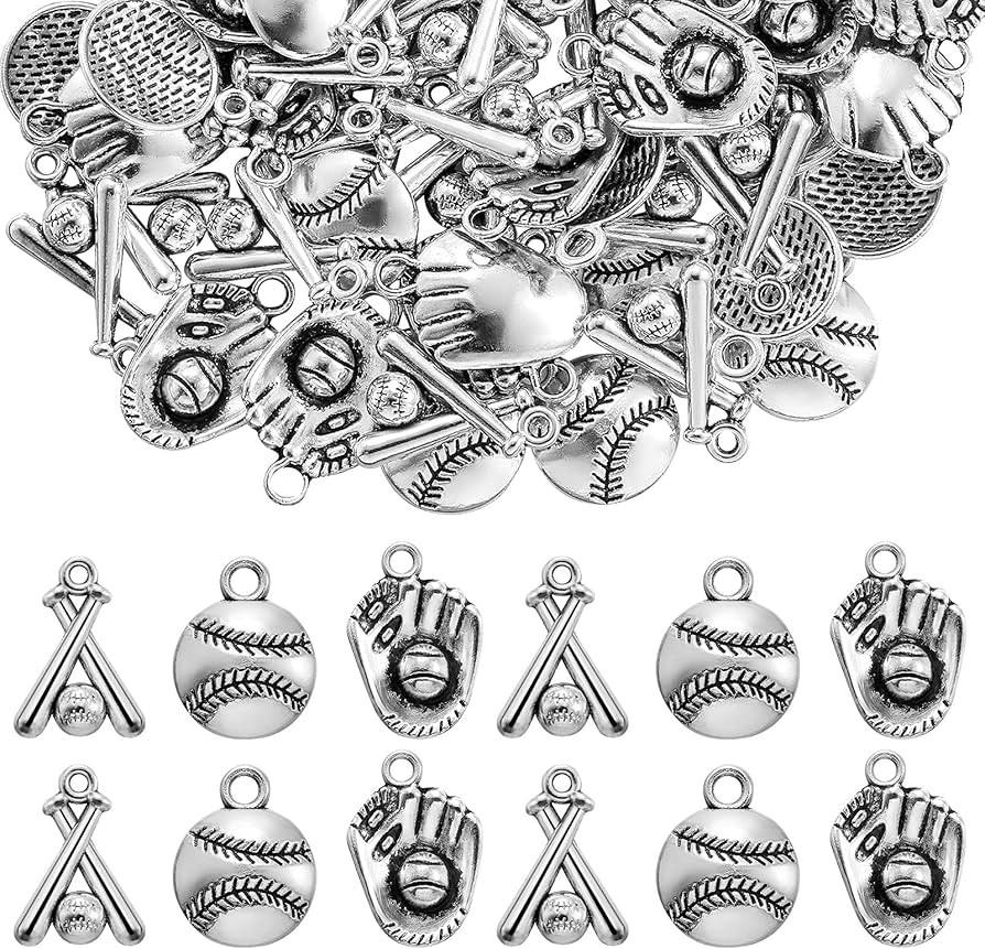 Junkin 120 Pieces Alloy Baseball Charms Silver Softball Charms Baseball Glove Bat Antique Softbal... | Amazon (US)