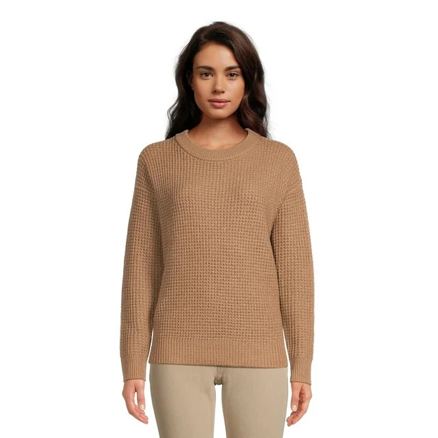 Time and Tru Women's Long Sleeve Waffle Crewneck Pullover Sweater | Walmart (US)