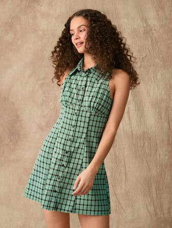 Forever 21 New Turn Down Collar Plaid Sweet And Playful Sleeveless Dress In College Style | SHEIN