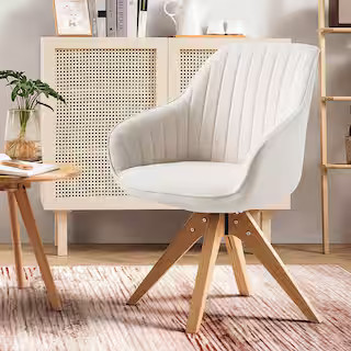 Art Leon Arthur Off White Polyester Fabric Swivel Office Accent Arm Chair with Wood Legs CC001-OF... | The Home Depot