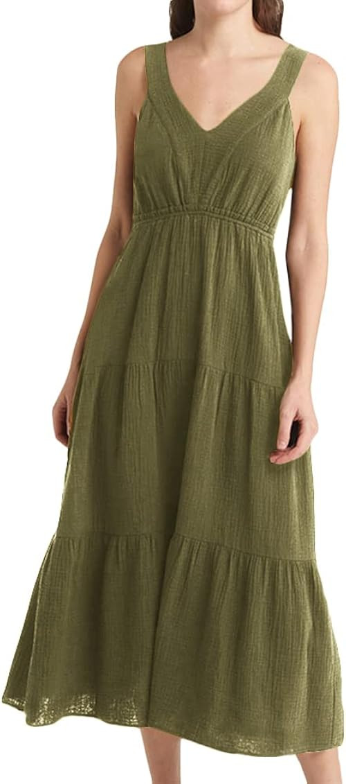 JeimPoey Womens V-Neck Tiered Dress Flowy Midi Skirt Smocking Back A-line Sundress | Amazon (US)