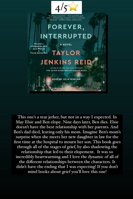 63. Forever Interrupted by Taylor Jenkins Reid :: 4/5⭐️. This one’s a tear jerker, but not in a way I expected. In May Elsie and Ben elope. Nine days later, Ben dies. Elsie doesn’t have the best relationship with her parents. And Ben’s dad died, leaving only his mom. Imagine Ben’s mom’s surprise when she meets her new daughter in law for the first time at the hospital to mourn her son. This book goes through all of the stages of grief, by also shadowing the relationship that led to their elopement.  It was so incredibly heartwarming and I love the dynamic of all of the different relationships between the characters. It didn’t have the ending that I was expecting! If you don’t mind books about grief you’ll love this one! 


#LTKHome #LTKTravel