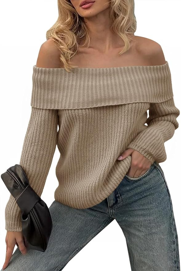 Saodimallsu Womens Off The Shoulder Sweaters Chunky Ribbed Knit Casual Long Sleeve Loose Fall Tre... | Amazon (US)