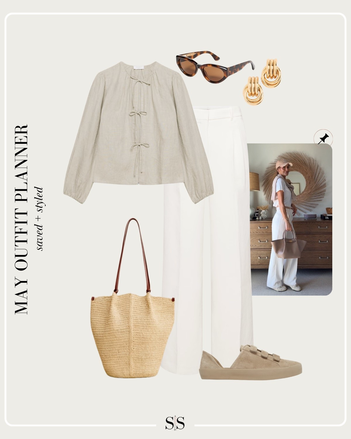 Monthly outfit planner MAY: Spring looks, saved + styled outfit inspo | white trousers, draw string top, raffia tote, dorsay sneakers 

#casualoutfit #springoutfit 

Image credit: @Karinastylediaries

#LTKStyleTip