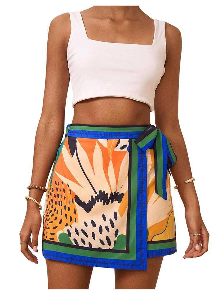 Milumia Women's Floral Knot Side Wrap Skirt High Waist Contrast Binding A Line Mini Skirts | Amazon (US)