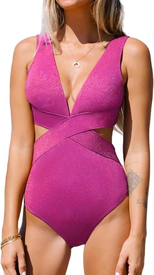 CUPSHE One Piece Swimsuit for Women Bathing Suit V Neck Cutout Sexy Swimwear Wide Straps Back Hoo... | Amazon (US)