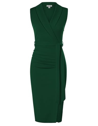 GRACE KARIN Women's Wear to Work Sleeveless Ruched Bodycon Office Pencil Midi Dresses with Belt Dark Green | Amazon (US)