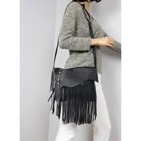Black Leather Shoulder Bag, Handmade Fringe Handbag, Medium Crossbody Purse, Unique Crossbody Black Leather Purse | Etsy (US)