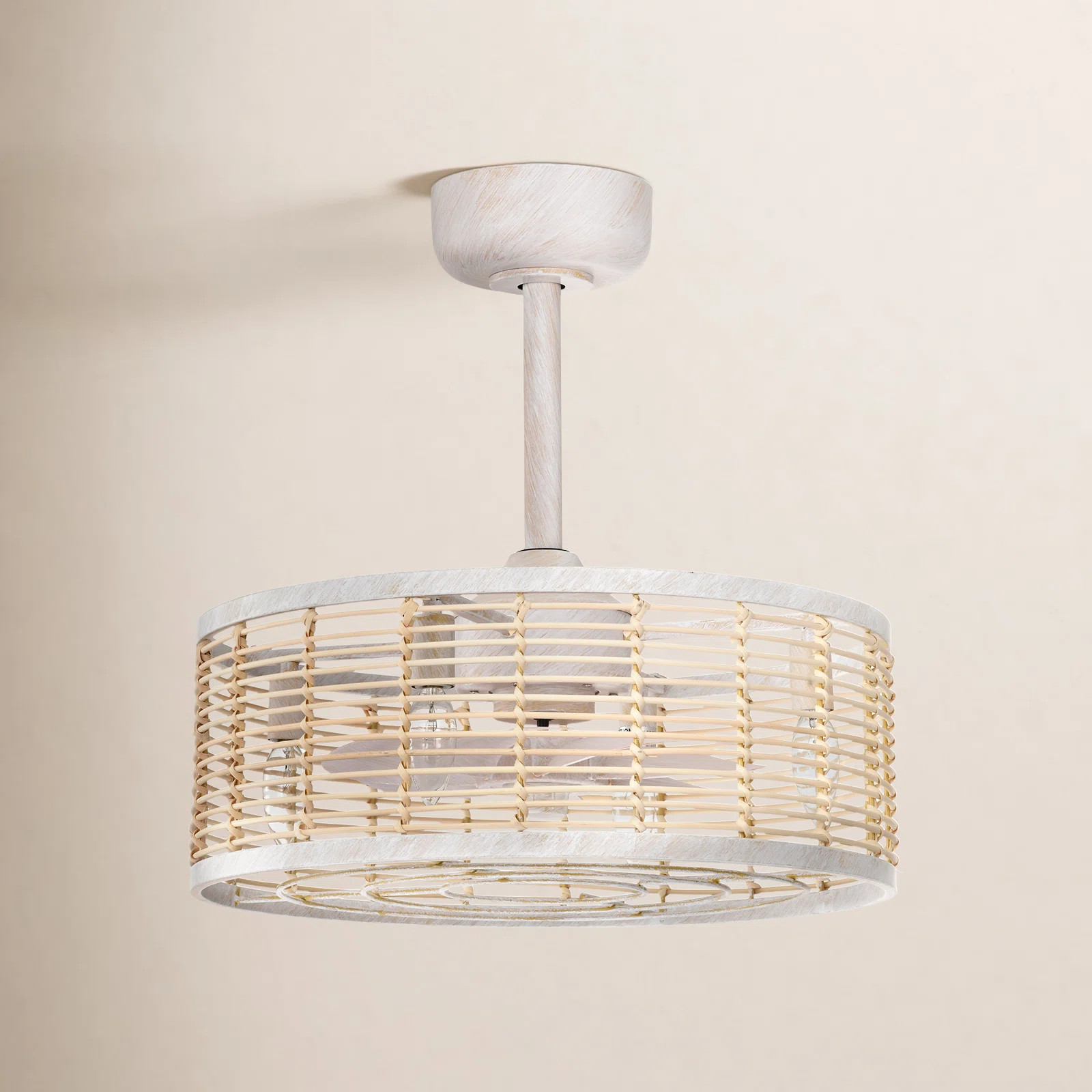 18.5 "Remote Reversible Vintage White Rattan Cage Down Rod Mount Flush Mount Ceiling Fan with Liv... | Birch Lane