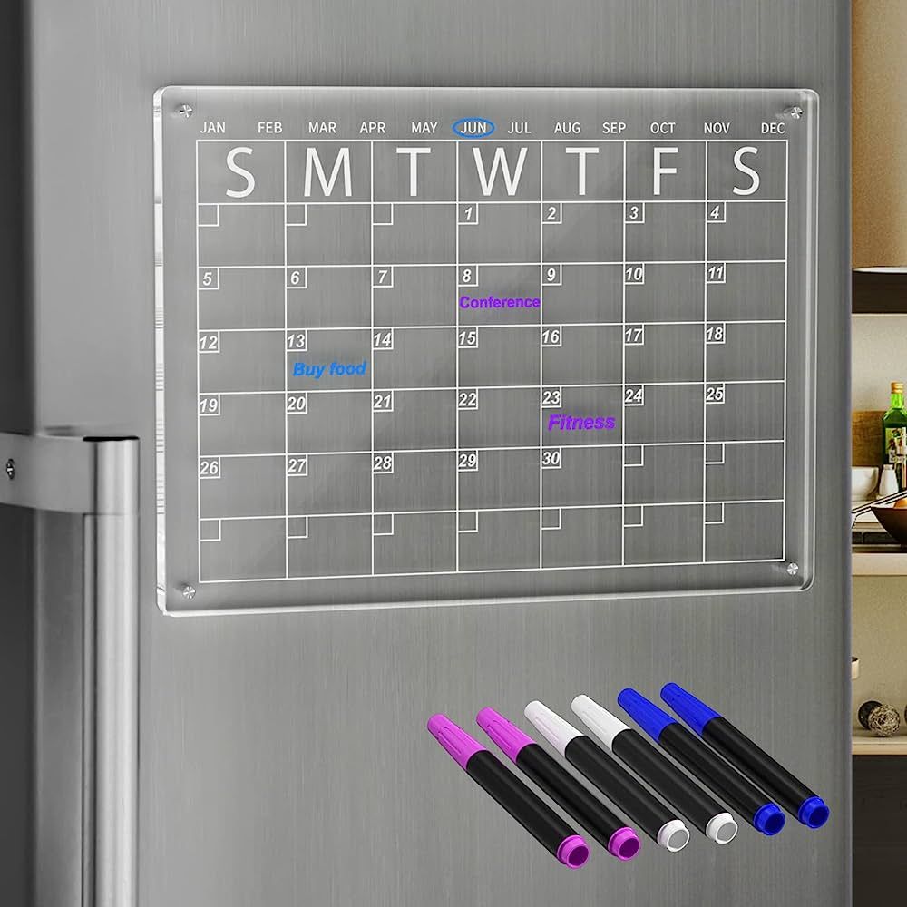 YeWink Magnetic Dry Erase Board Calendar for Fridge, 16”x12" Clear Acrylic Calendar Planner Board for Refrigerator,Reusable Calendar Whiteboard Includes 6 Markers 3 Colors | Amazon (US)
