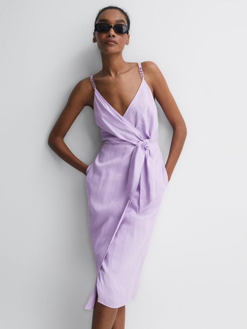 Reiss Lilac Esme Linen Side Tie Midi Dress | Reiss US