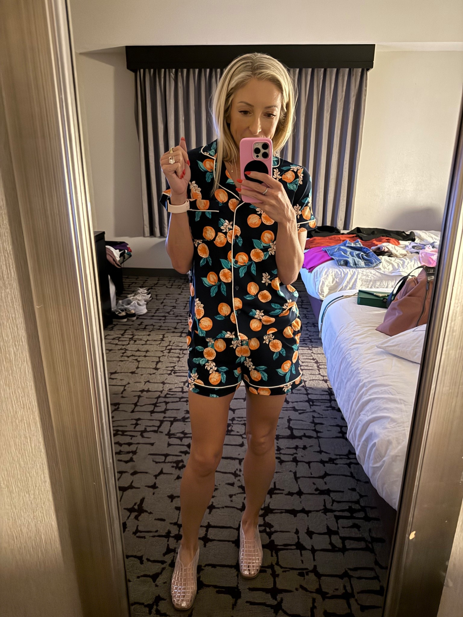 Forgot to pack pajamas so ran by Walmart and found this cute soft set!

Size up one! The shorts run a little small!