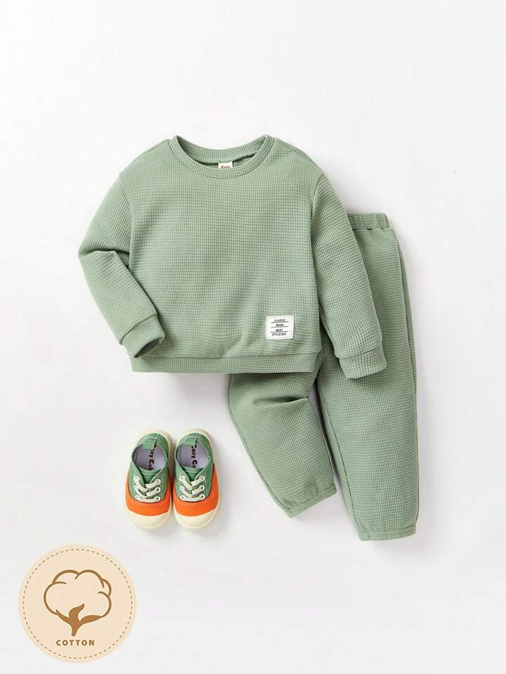 Cozy Cub Baby Boy Letter Patched Sweatshirt & Sweatpants | SHEIN
