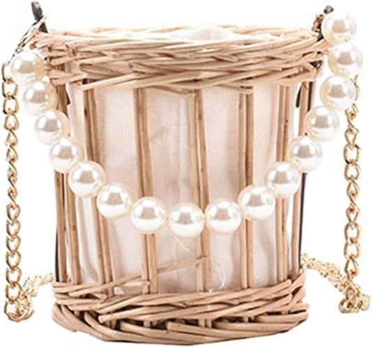 Rattan Bag, Stylish Straw Bucket Shoulder Bags, Beach Pearl Chain Mini Handbags | Amazon (US)