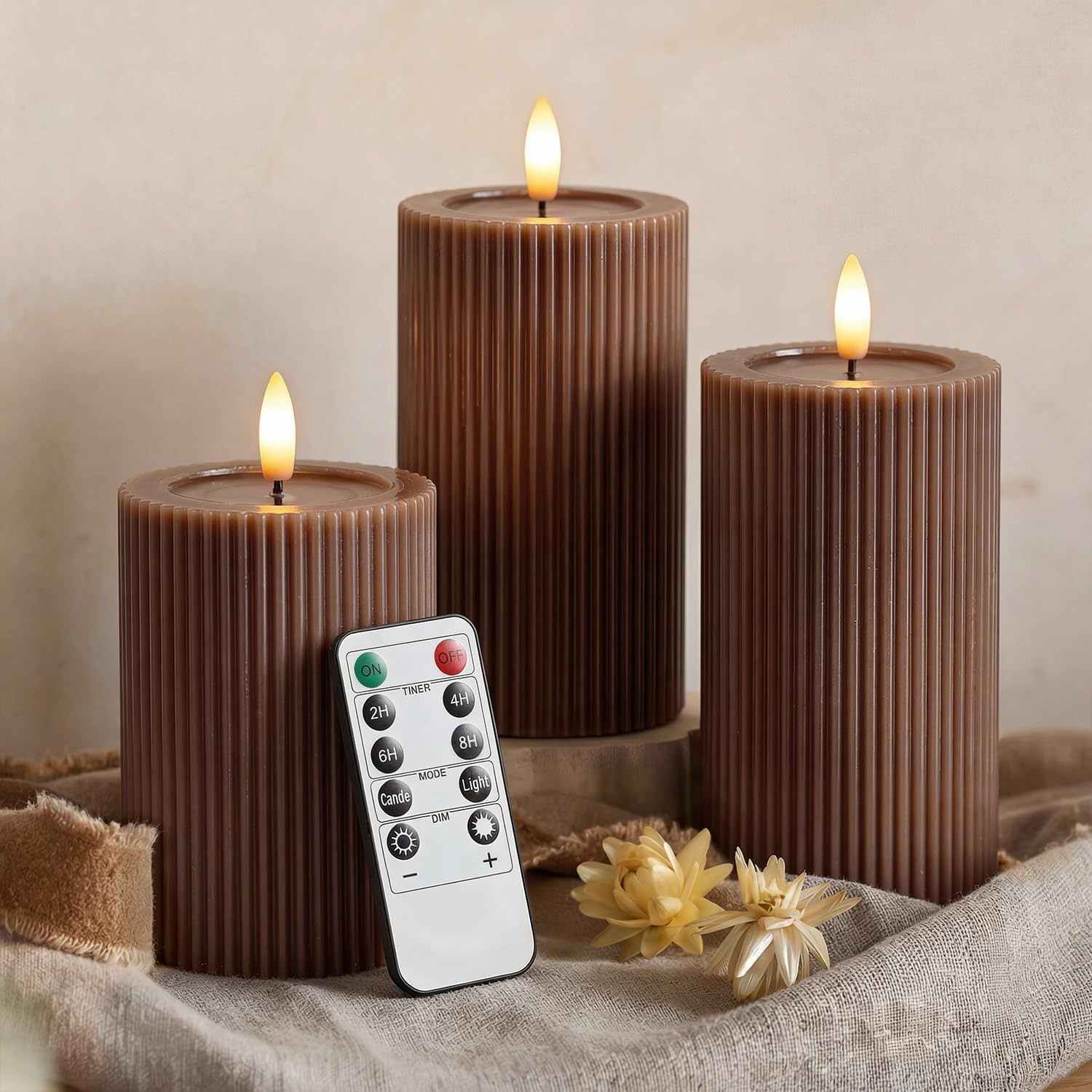 Fluted Ribbed LED Pillar Candles, Brown, with Realistic Reflective Melted-Wax Effect – Flickering Flame, Remote, Dimmable, Flameless, Battery Operated, Home & Wedding Decor (Set of 3) | Amazon (US)