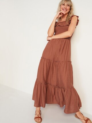 Ruffled Smocked-Bodice Embroidered Sleeveless Maxi Dress for Women | Old Navy (US)