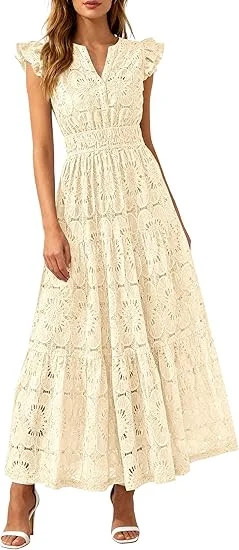 PRETTYGARDEN Womens Boho Maxi Dresses Summer Floral Lace Eyelet V Neck Spring Wedding Guest Dress... | Walmart (US)