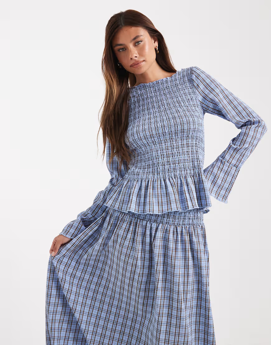 Vero Moda shirred top co-ord in blue and brown check print | ASOS (Global)