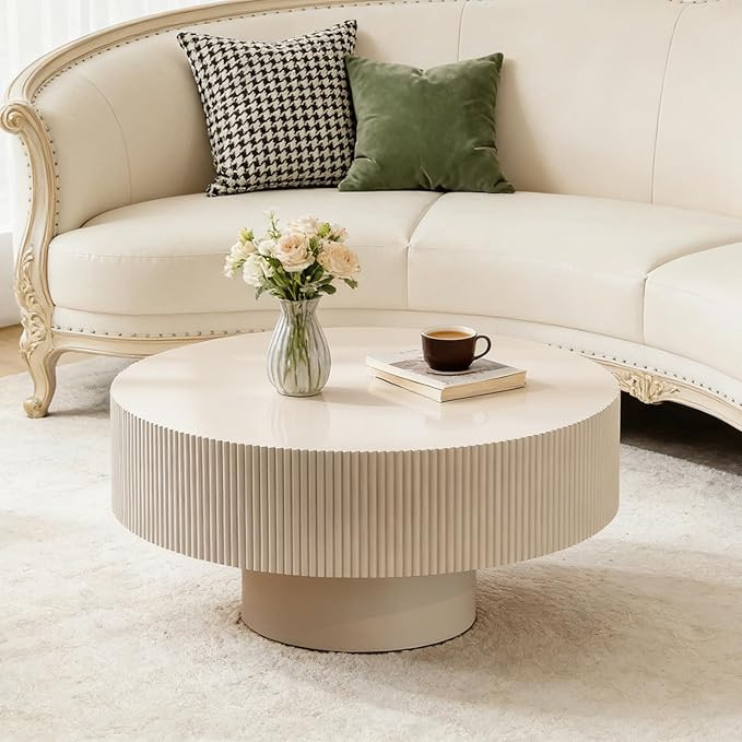 Round Drum Coffee Table with Sturdy Pedestal, Modern Wooden Fluted Coffee Table, Circle Center Ta... | Amazon (US)