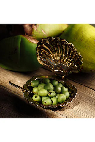 Cap Ferrat Fan Shell Lidded Bowl With Spoon in Polished Gold | Revolve Clothing (Global)
