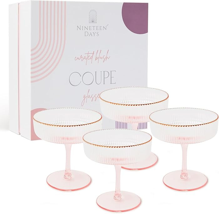 Pink Coupe Glasses Set of 4 Glasses with Rose Gold Rim (8 Oz) Art Deco Coupe Glasses, Ribbed Mart... | Amazon (US)