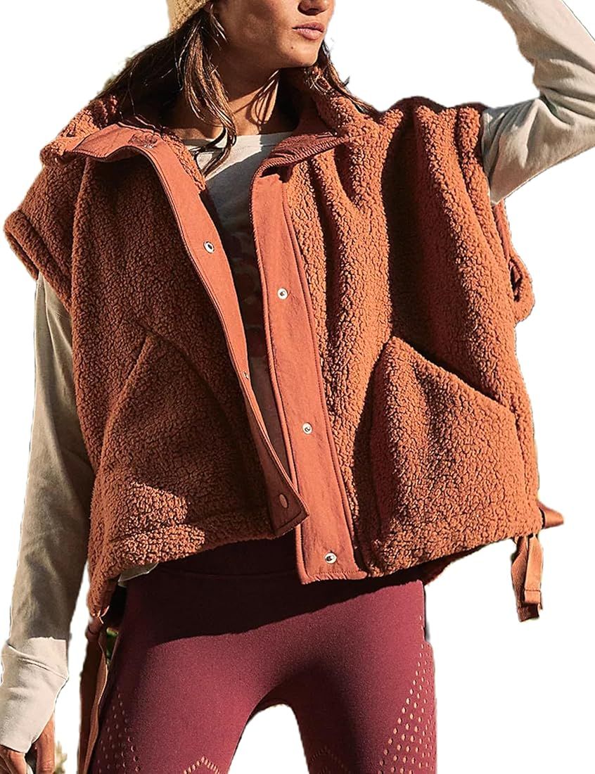 APAFES Women Oversized Fleece Vest Winter Warm Stand Collar Flysleeve Fuzzy Jackets Outerwear Coa... | Amazon (US)