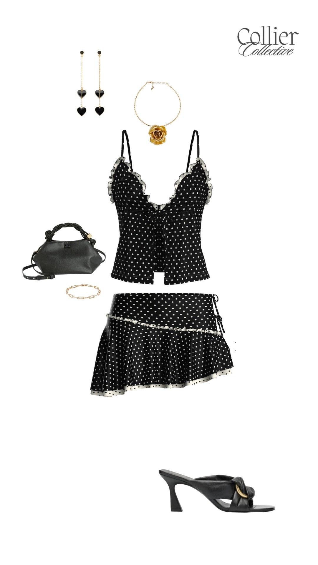 Polka dots, gold touches, and a little heel—Collier Collective after dark #CollierCollective #PolkaDots #DateNightStyle #ChicAndEffortless #EveningEdit #BlackAndWhiteStyle #ModernRomance #OOTN #StyleInspo #CollierCollectiveStyle