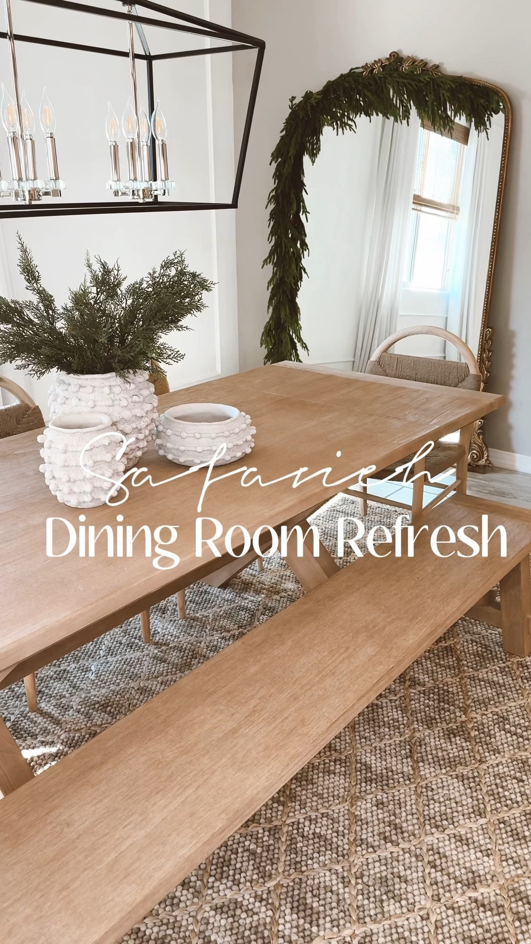 Dining Room Refresh - Dining Room Table - Christmas Dining Room - Christmas Table Decor - Natural Wood Table - Light wood table - Anthro mirror - gold mirror - Gold Antique Mirror - Neutral Area Rug - White Vase - Christmas Garland #LTakstyletip #LTKhome -#LTKsalealert

#LTKGiftGuide #LTKHoliday #LTKSeasonal
