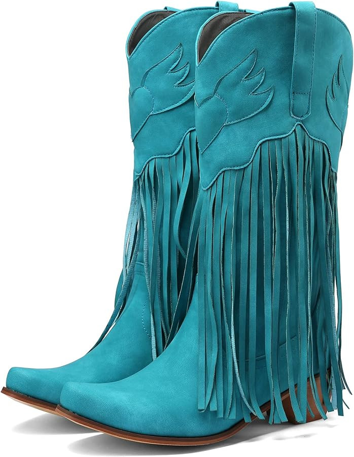 Women Fringe Cowboy Boots Square Toe Mid Calf Embroidered Western Boots,Tassel Cowgirl Boots Stac... | Amazon (US)