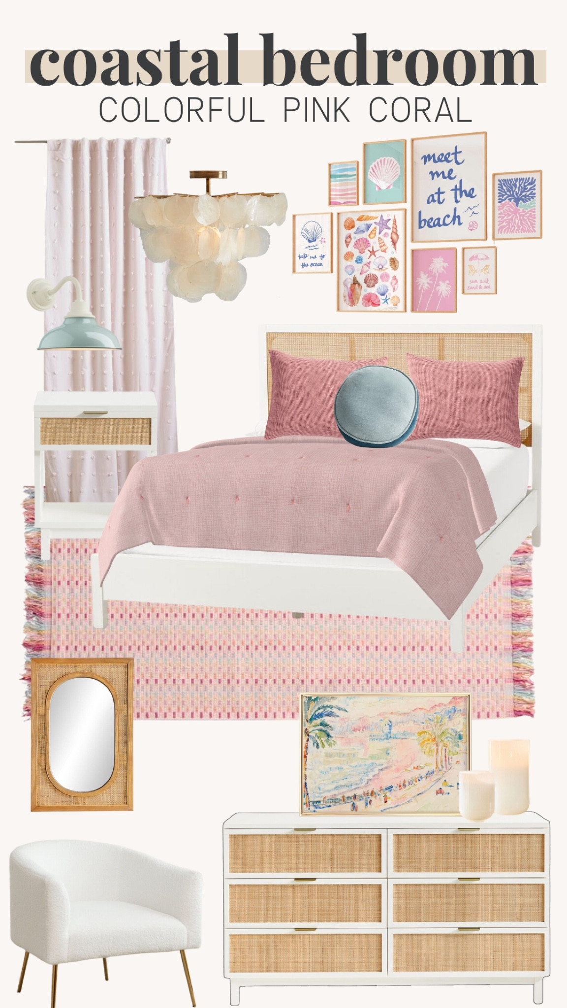 Peach coral coastal bedroom, girls colorful bedroom, bedroom rug, lighting, bedding, dresser, mirror, gallery wall, sconces, nightstand, curtains 

#LTKHome #LTKStyleTip #LTKKids