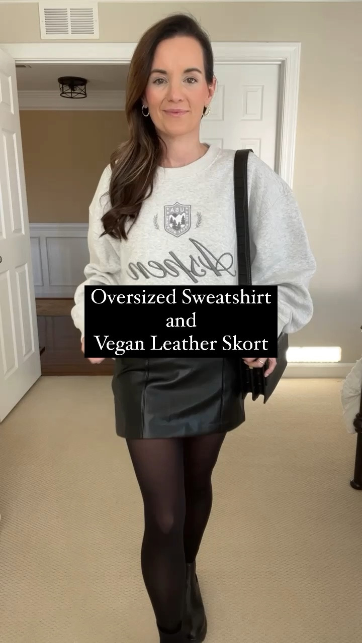 The perfect mix of casual and dressy 👏🏼

Absolutely believe the hype about this faux leather skort, y’all this skort is amazing. It’s high-rise, has a little stretch and is super flattering! The shorts underneath are not tight and don’t show at the bottom. Trust me on this skort, you’re going to want it in every color!

Wearing size M in sweatshirt and size xs in skort. 
#skort #abercrombie #sweatshirt #casual #dressy #comfy #outfit #outfitideas #styleinspo #style #lotd #winterfashion #winterstyle #tights #boots #beanie #cozy #casualstyle #casualoutfit #aspen 

#LTKfindsunder100 #LTKparties #LTKstyletip