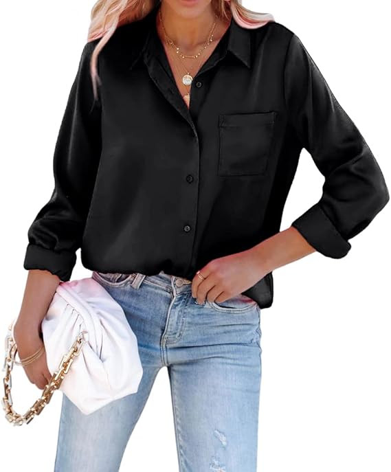 Pausus Satin Button Down Shirts for Women Long Sleeve Slim Fit Office Blouses Casual Business Sil... | Amazon (US)
