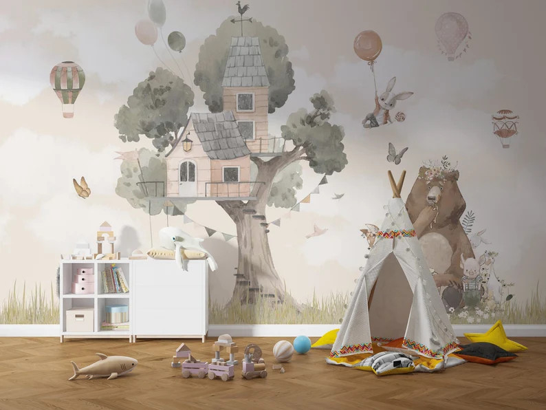 Cute Animals Wallpaper and  House on the Tree Wall Mural - Peel and Stick Air Balloons Wallpaper ... | Etsy (CAD)