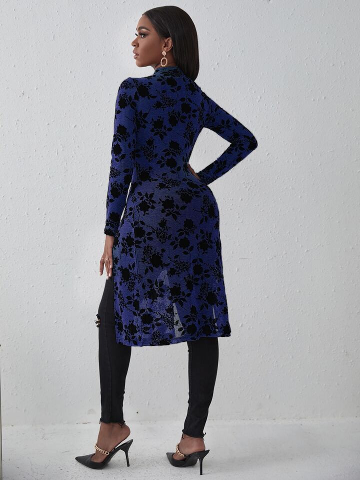 SHEIN SXY Mock Neck Floral Pattern Split Side Tee | SHEIN