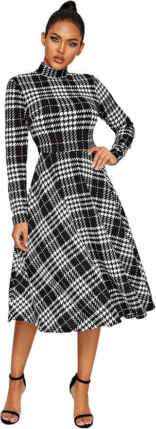 Floerns Women's High Neck Plaid Fit and Flare Midi Dress | Amazon (US)