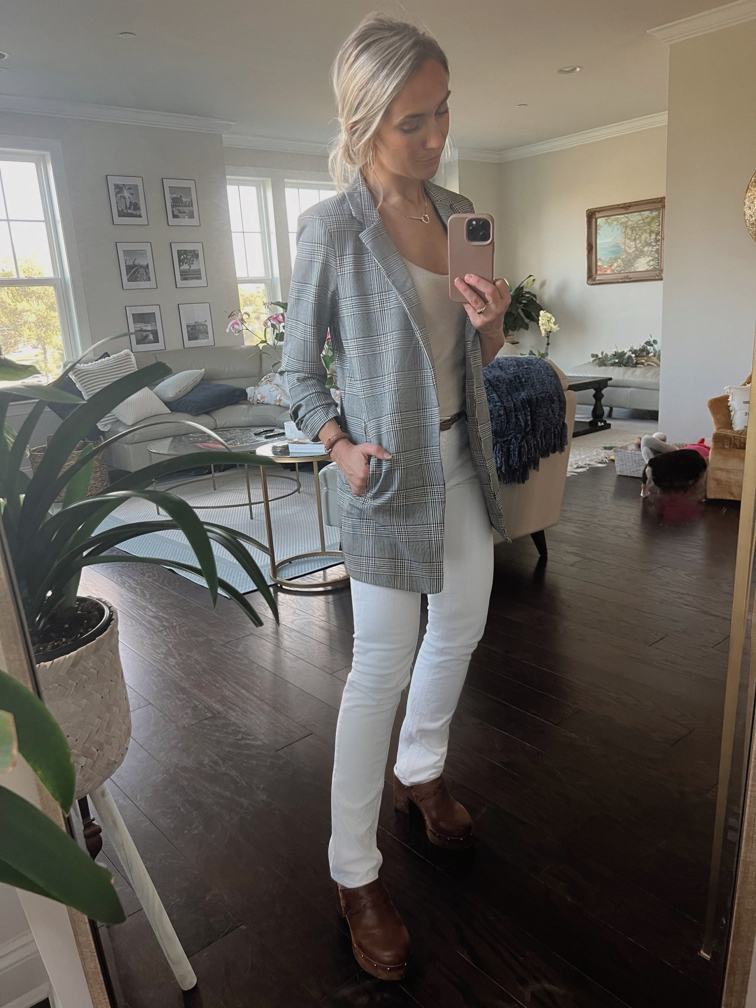 Make white jeans a fall statement with an oversized plaid blazer, v neck neutral tank and platform leather clogs! 

#LTKSeasonal #LTKshoecrush #LTKstyletip