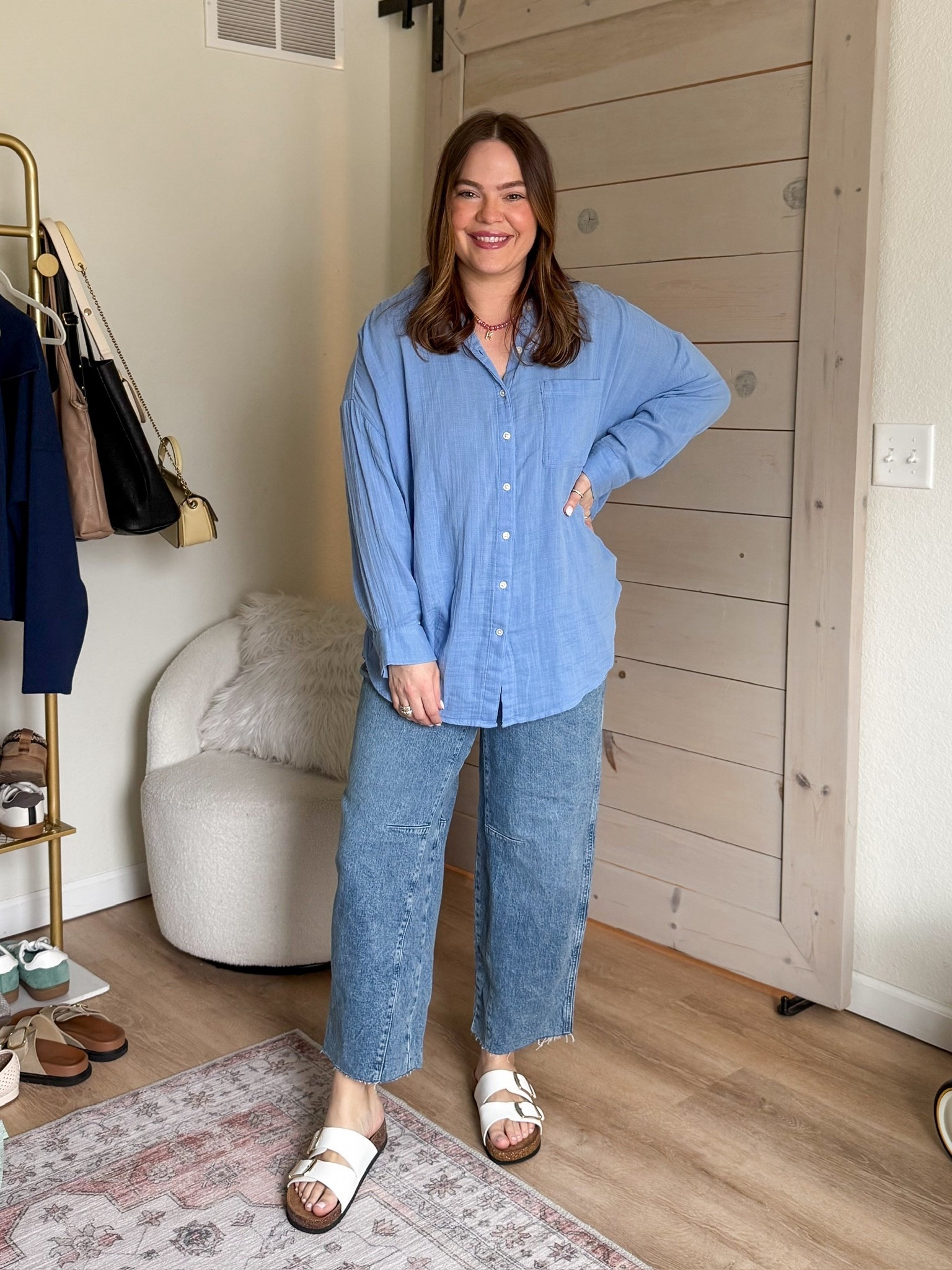 Casual mom outfit/ size 12 in jeans and 1x in button up // chambray button up / denim button up / barrel jeans 

#LTKMidsize #LTKSeasonal #LTKootd