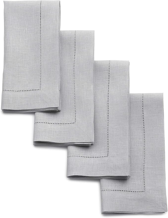 Solino Home 100% Pure Linen Hemstitch Dinner Napkins - 20 x 20 Inch, Soft Grey Set of 4, European... | Amazon (US)