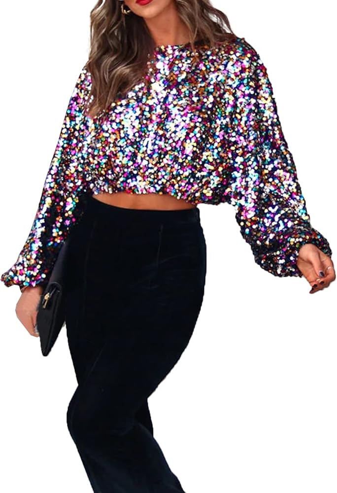 SPSHODOW Women Sequin Top, Balloon Long Sleeve Glitter Party Top Disco Sparkle Crop Top Sequin Bl... | Amazon (US)