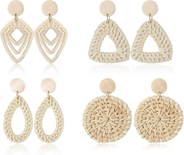 Finrezio 4 Pairs Rattan Dangle Earrings for Women Lightweight Bohemia Straw Wicker Braid Woven Ge... | Amazon (US)