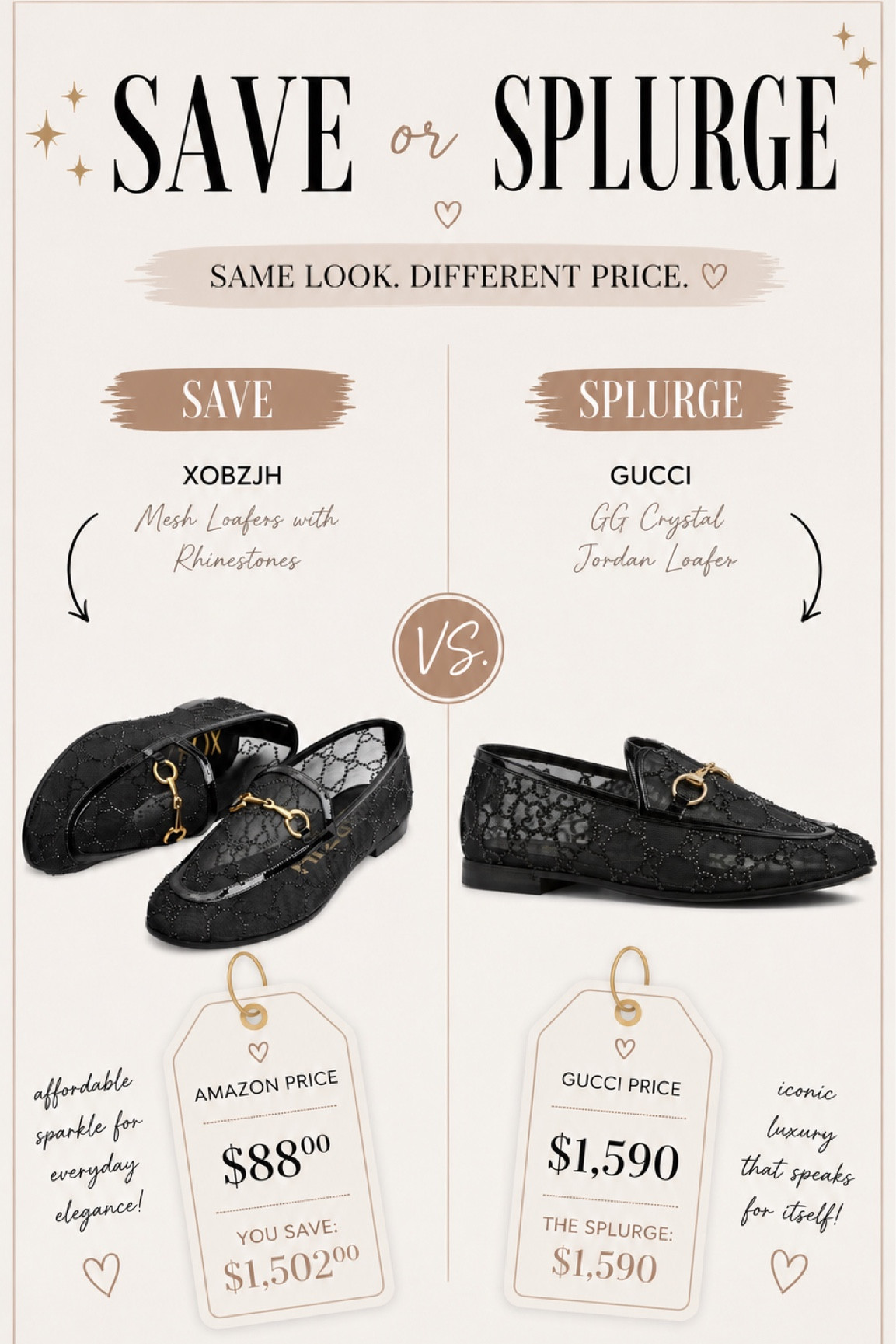 Okay but WHY are these giving the exact same rich aunt at a European resort energy? 🖤✨

The Amazon version is under $90 and the Gucci crystal loafers are $1,590… meanwhile both are serving sparkly luxe, old-money-inspired elegance with a side of “don’t talk to me unless there’s champagne involved.” 🥂

I’m obsessed with the mesh + crystal details for summer because they feel dressy without trying too hard. Perfect with denim, trousers, or a sleek all-black outfit.

So be honest…
are you TEAM SAVE or TEAM SPLURGE? 👀

#saveorsplurge #gucciloafers #designerinspired #luxuryfashion #amazonfashionfinds #loafers #designerdupes #fashionfinds #oldmoneystyle #blackloafers #luxurystyle #affordablefashion #styleinspo #fashioncomparison #summerstyle

#LTKvlog #LTKgrwm #LTKootd