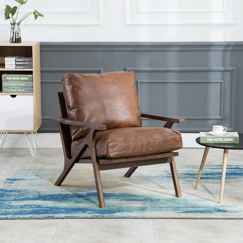 Mid Century Chair, Retro Upholstered Accent Armchair with Wood Frame and Faux Leahter Cushions, Larg | Amazon (US)