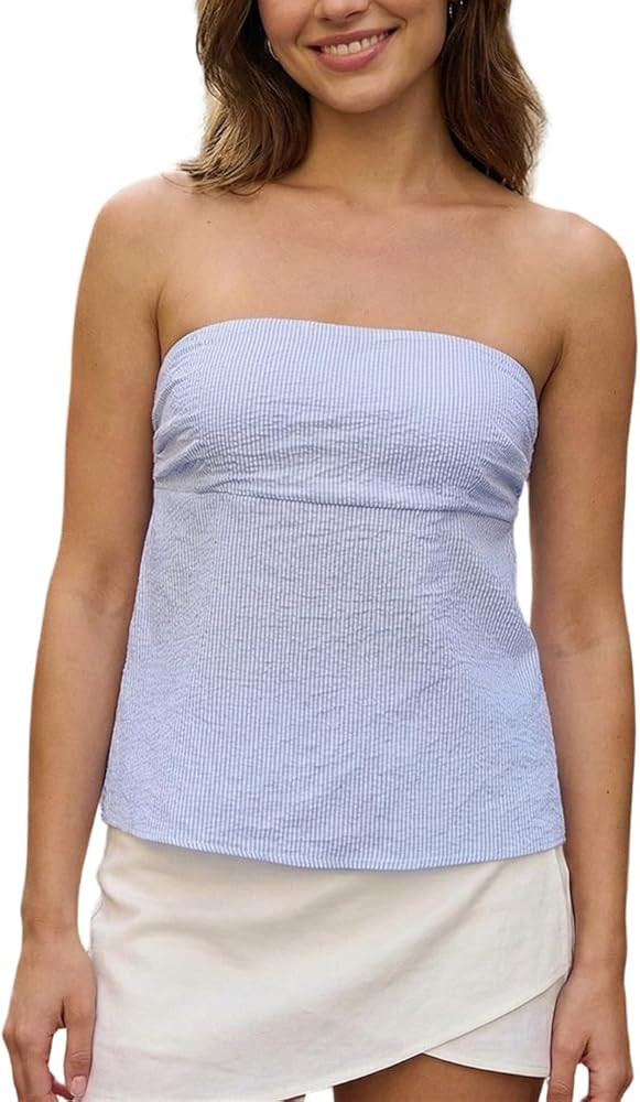 Women Y2k Peplum Tube top Strapless Bubble Bandeau Top Ruffle Hem Flowy Aesthetic Summer Going Ou... | Amazon (US)