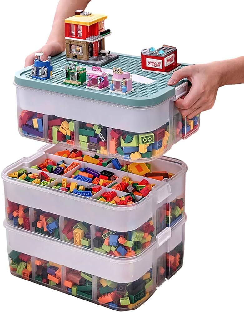 Plastic Storage Organizer for Lego Box Kids Child Toy Stackable Containers with Lids Bins 3 Layers Adjustable Compartments Building Blocks Chest Case | Amazon (US)
