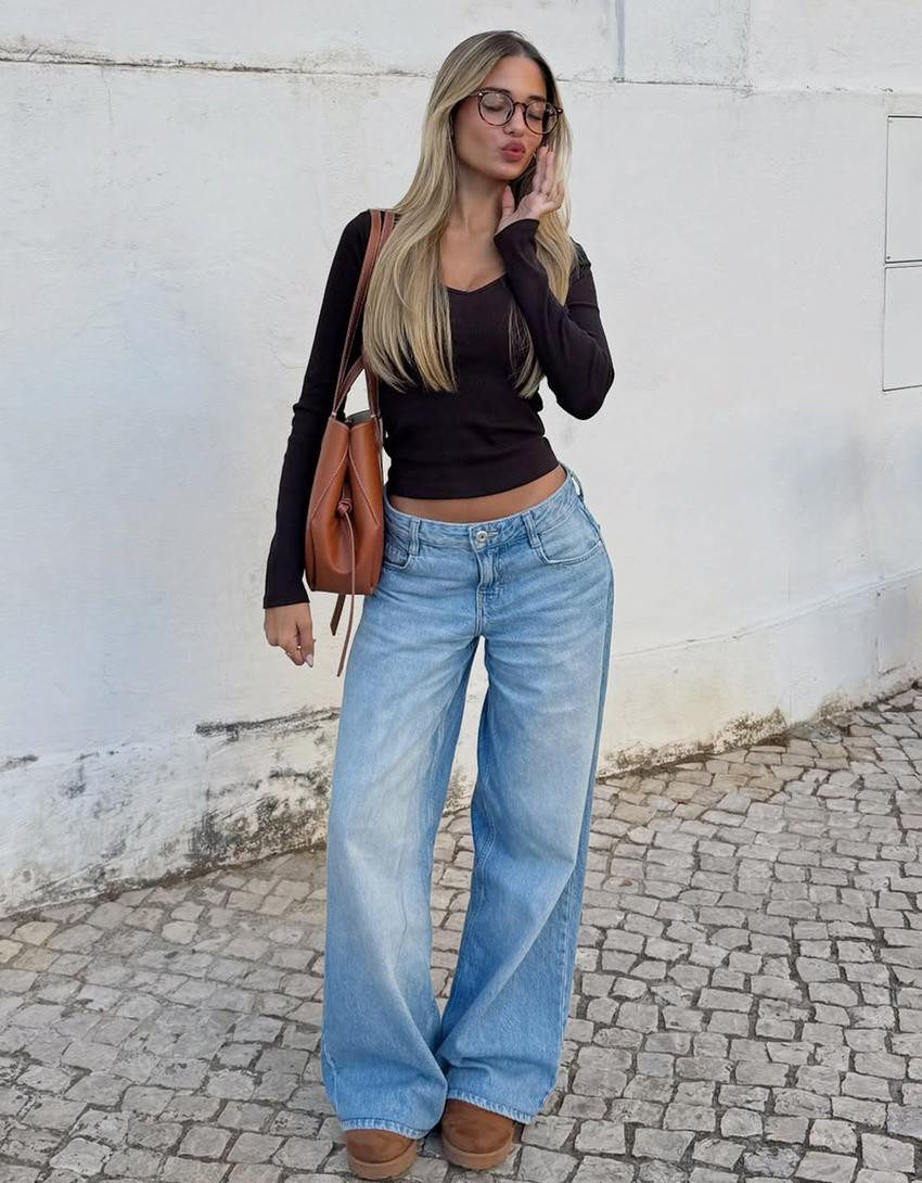 Low-rise wide-leg jeans - Low-rise - Women | Bershka GB